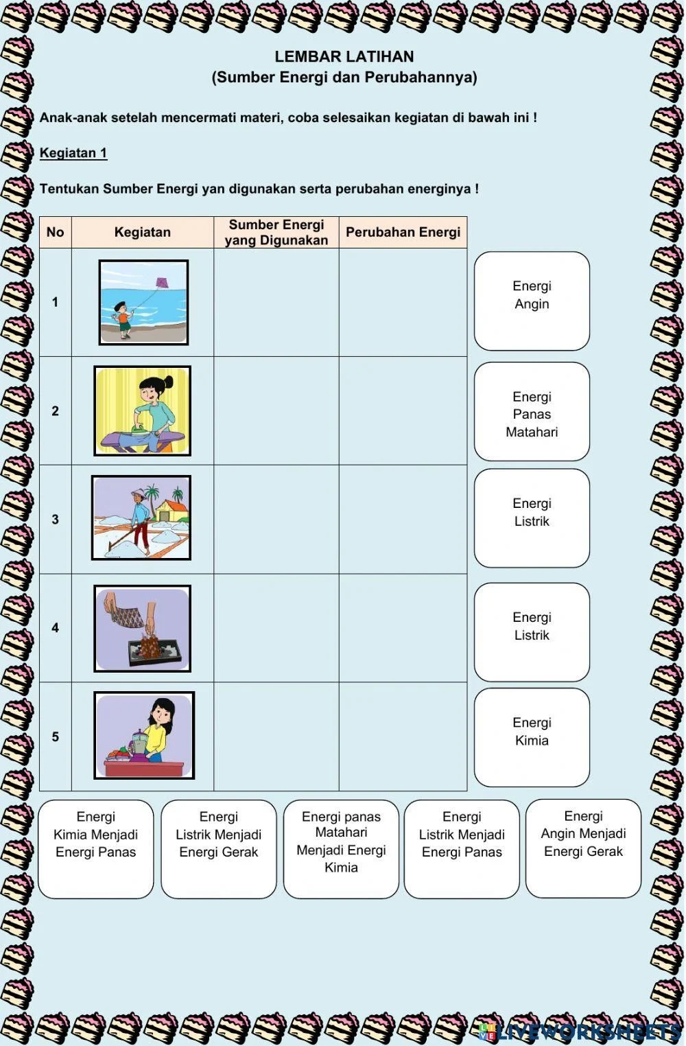 Lembar latihan sumber energi dan perubahannya worksheet Kelas 1 sd Lembar latihan sumber energi dan perubahannya worksheet Kelas 1 sd