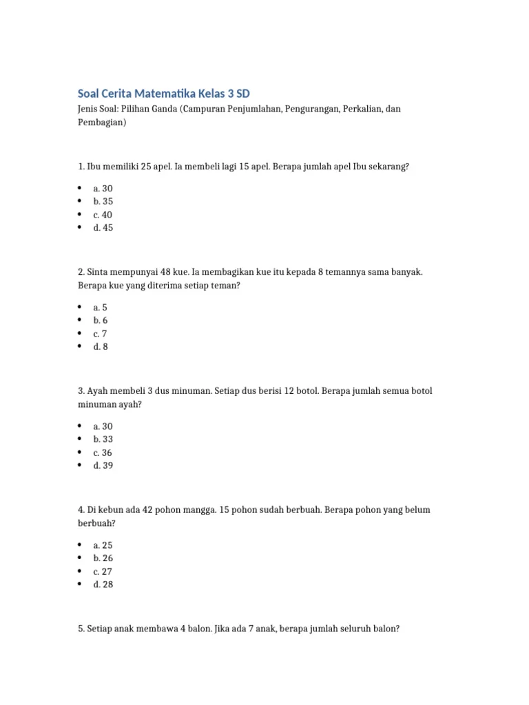 5 Soal Cerita Matematika Kelas 3 SD yang Sering Keluar di STS 2026, Wajib Latihan!