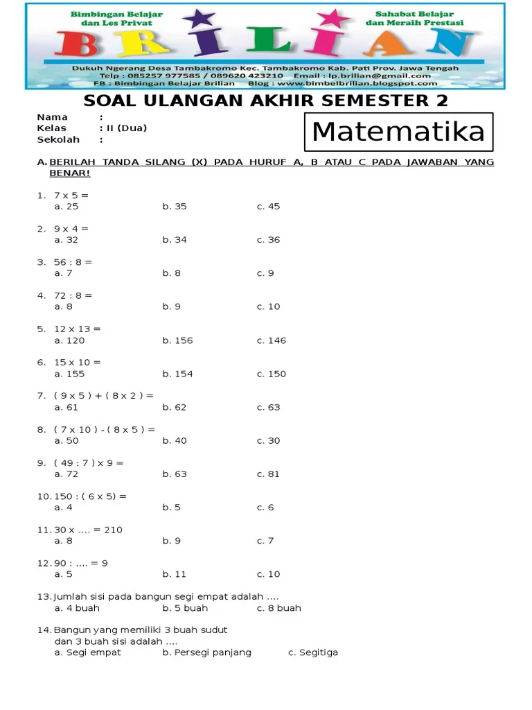 7 Contoh Soal UTS Kelas 2 Semester 1 K13 Pilihan Ganda yang Wajib Dikuasai Sebelum Ujian
