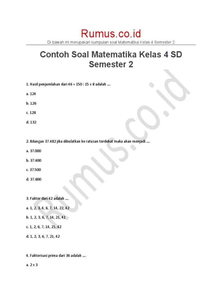 Contoh Soal Matematika Kelas 4 SD Semester 2 PDF