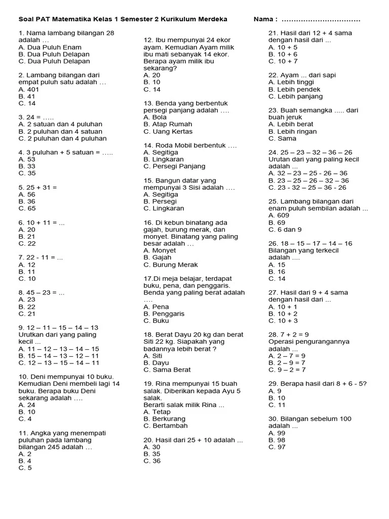 35 Soal Matematika Kelas 1 Semester 2 Kurikulum Merdeka Plus Kunci Jawaban UTS UAS 2026 Wajib Dicoba