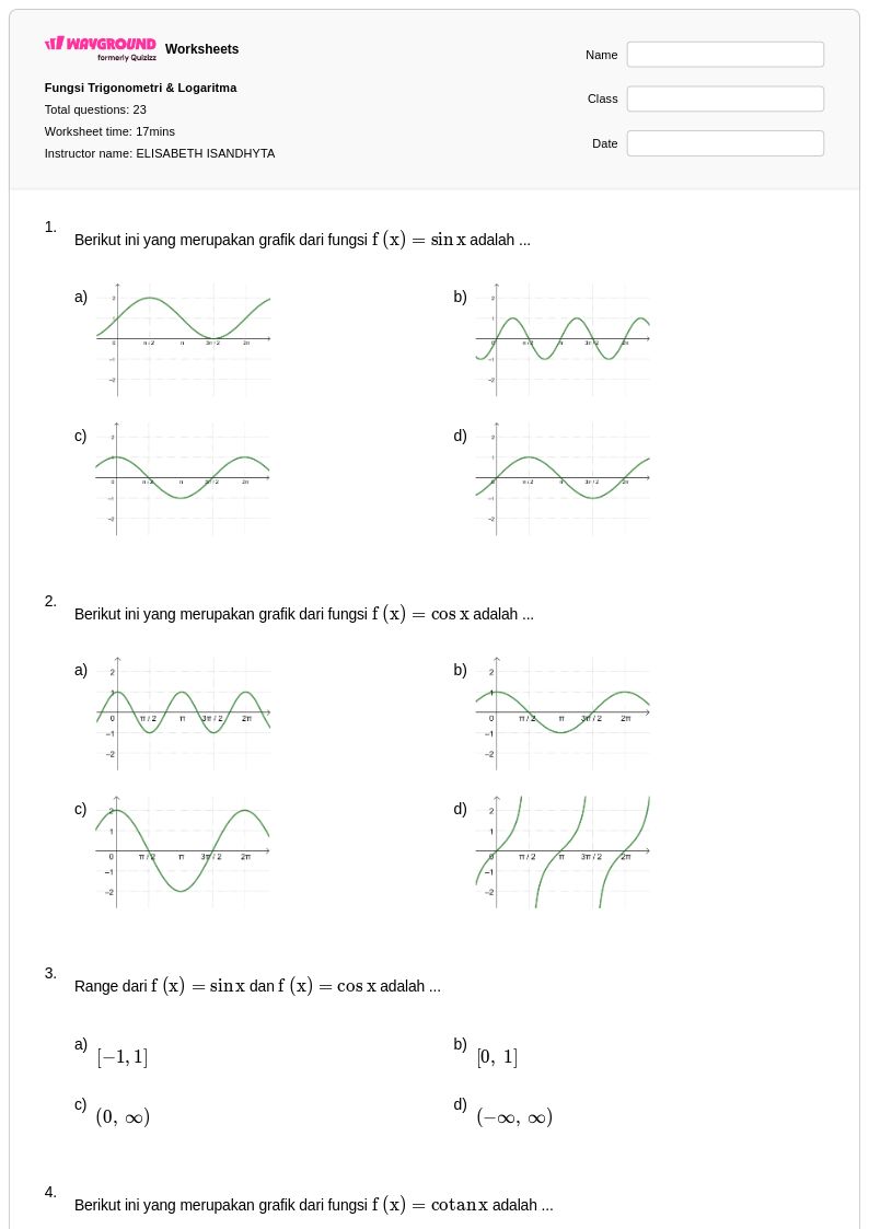 50 lembar kerja Fungsi Trigonometri untuk Kelas 11 di Wayground 50 lembar kerja Fungsi Trigonometri untuk Kelas 11 di Wayground