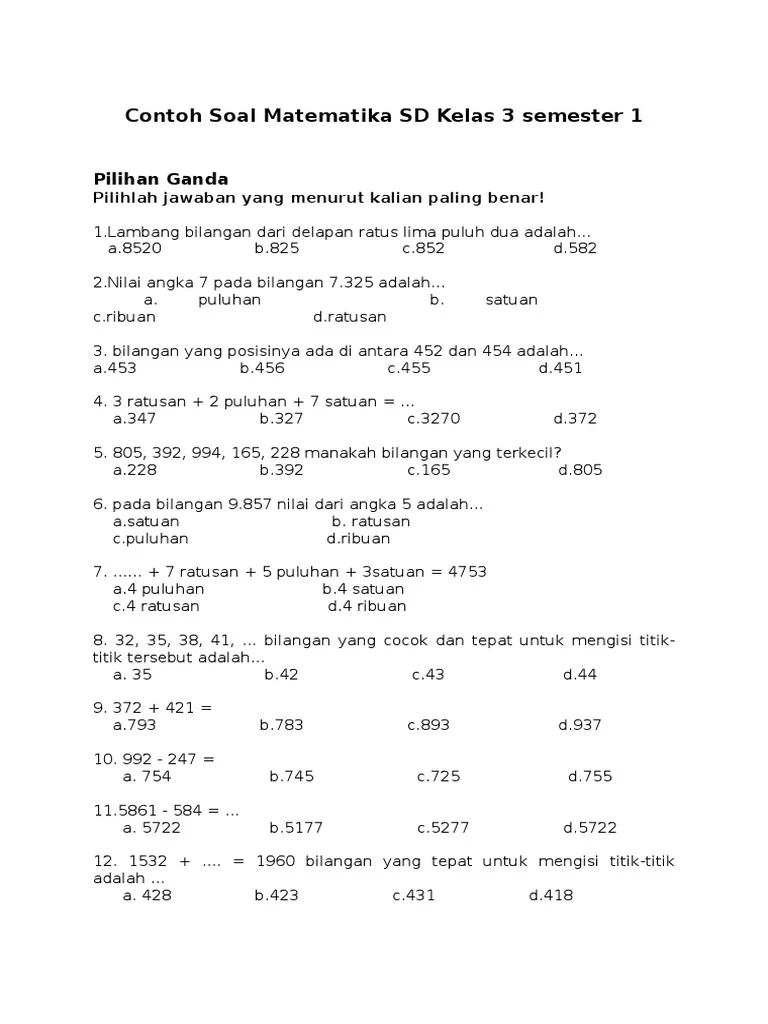 7 Rahasia Kumpulan Soal Latihan Matematika Kelas 3 SD Semester 1 yang Wajib Dikuasai