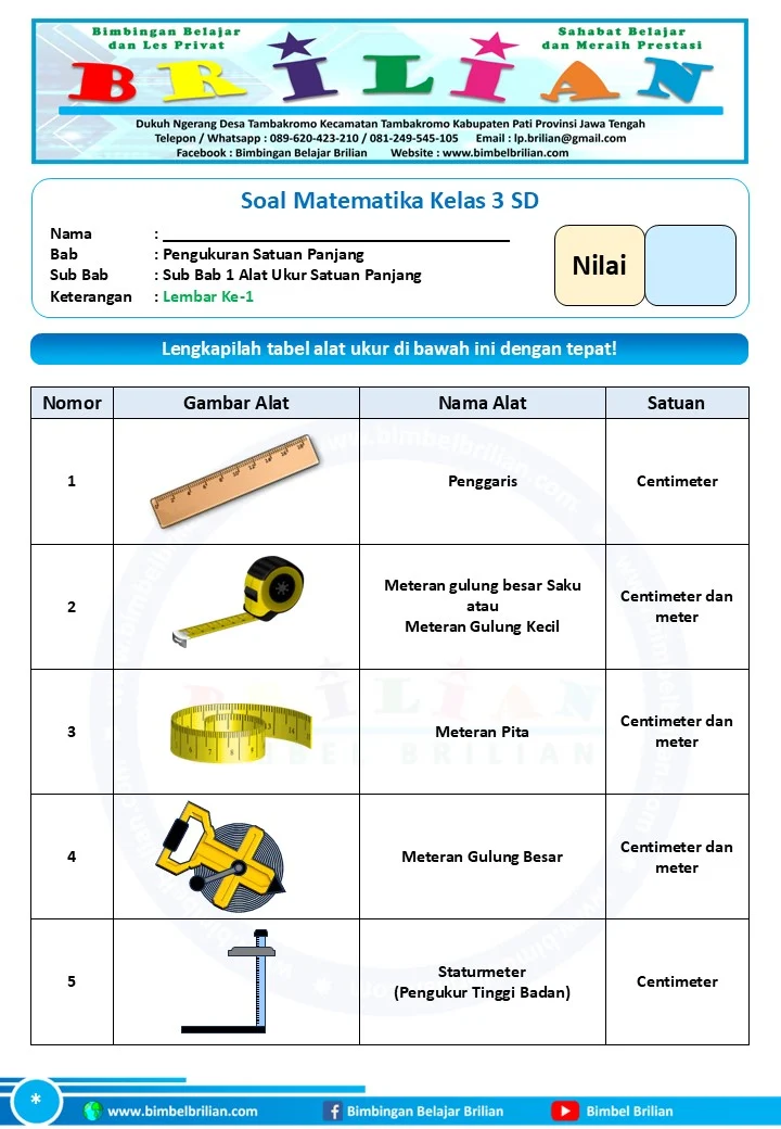 Soal Menentukan atau Memilih Alat Ukur Satuan Panjang - Matematika Soal Menentukan atau Memilih Alat Ukur Satuan Panjang - Matematika