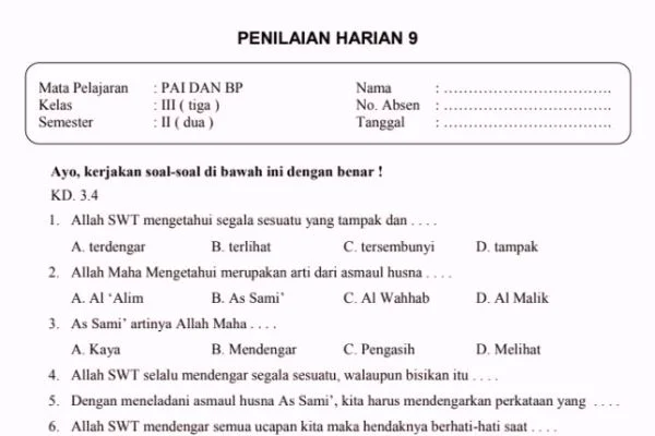 Kumpulan Soal Latihan PAI Kelas 3 SD Terbaru 2026 Plus Kunci Jawaban yang Wajib Dicoba