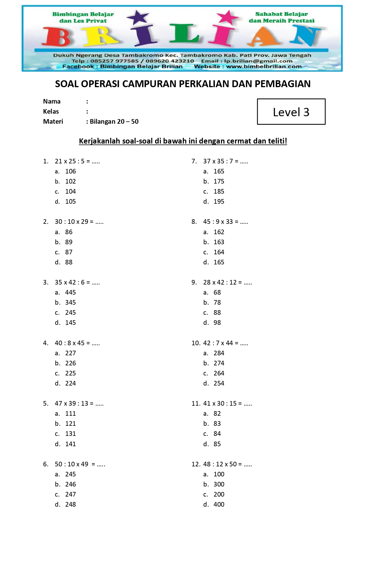 Soal Perkalian dan Pembagian Campuran Level 3 A Kelas 3 SD - Bimbel Brilian Soal Perkalian dan Pembagian Campuran Level 3 A Kelas 3 SD - Bimbel Brilian