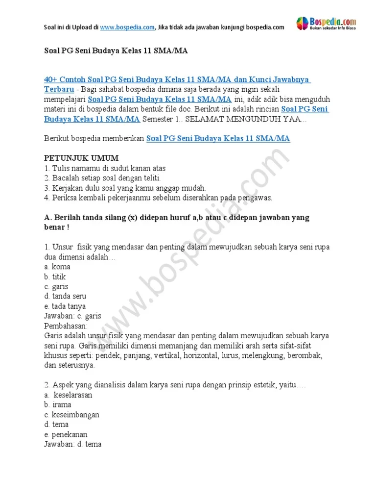 Soal PG Seni Budaya Kelas 11 Semester 2 PDF Seni Soal PG Seni Budaya Kelas 11 Semester 2 PDF Seni