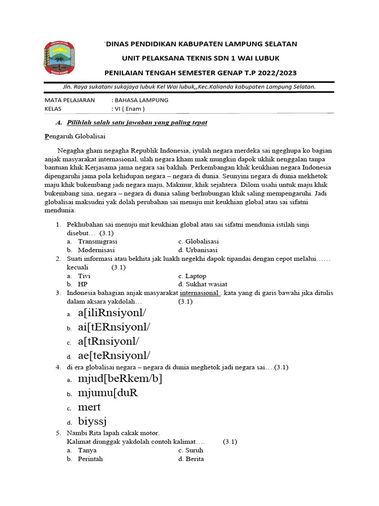 Latihan Soal Bahasa Lampung Kelas 6 Semester 1 dan Kunci Jawaban Terbaru Agar Nilai Maksimal Latihan Soal Bahasa Lampung Kelas 6 Semester 1 dan Kunci Jawaban Terbaru Agar Nilai Maksimal