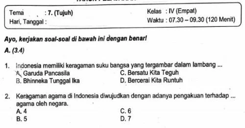 Rahasia Skor Sempurna Kerjakan Soal Tematik Kelas 4 Tema 7 Subtema 1 Pilihan Ganda