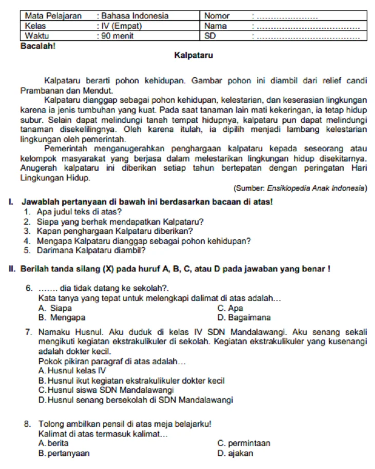 Wajib Tahu Bocoran Soal Bahasa Kelas 4 Semester 1 Agar Nilai Ujian Langsung Melejit